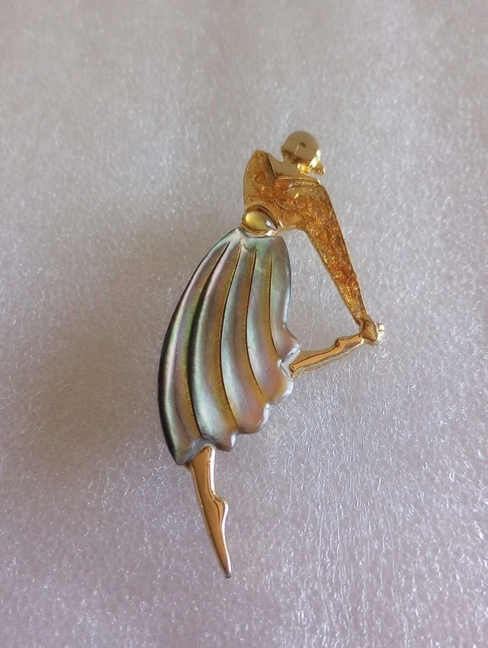 Art Deco  Figural Dancing Woman Brooch Faux Shell  Green Skirt